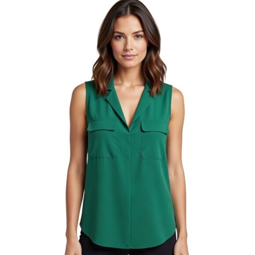 Jones New York Signature Blouse Womens L Green V-Neck Sleeveless Pocket